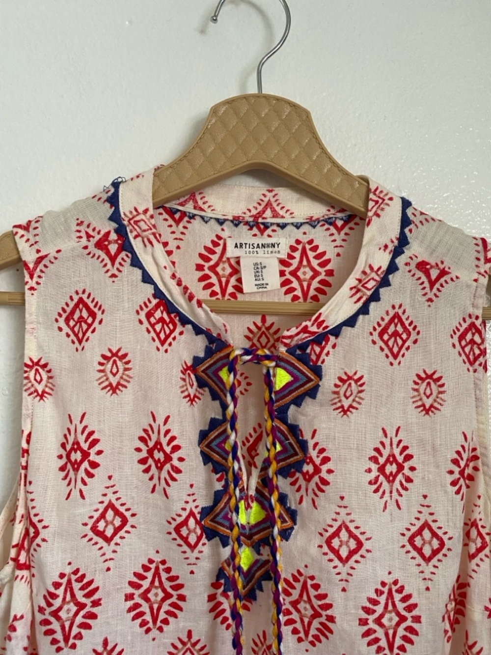 Artisan NY 100% Linen Embroidered Tunic | Size S | Boho Chic White & Red - Picture 5 of 14